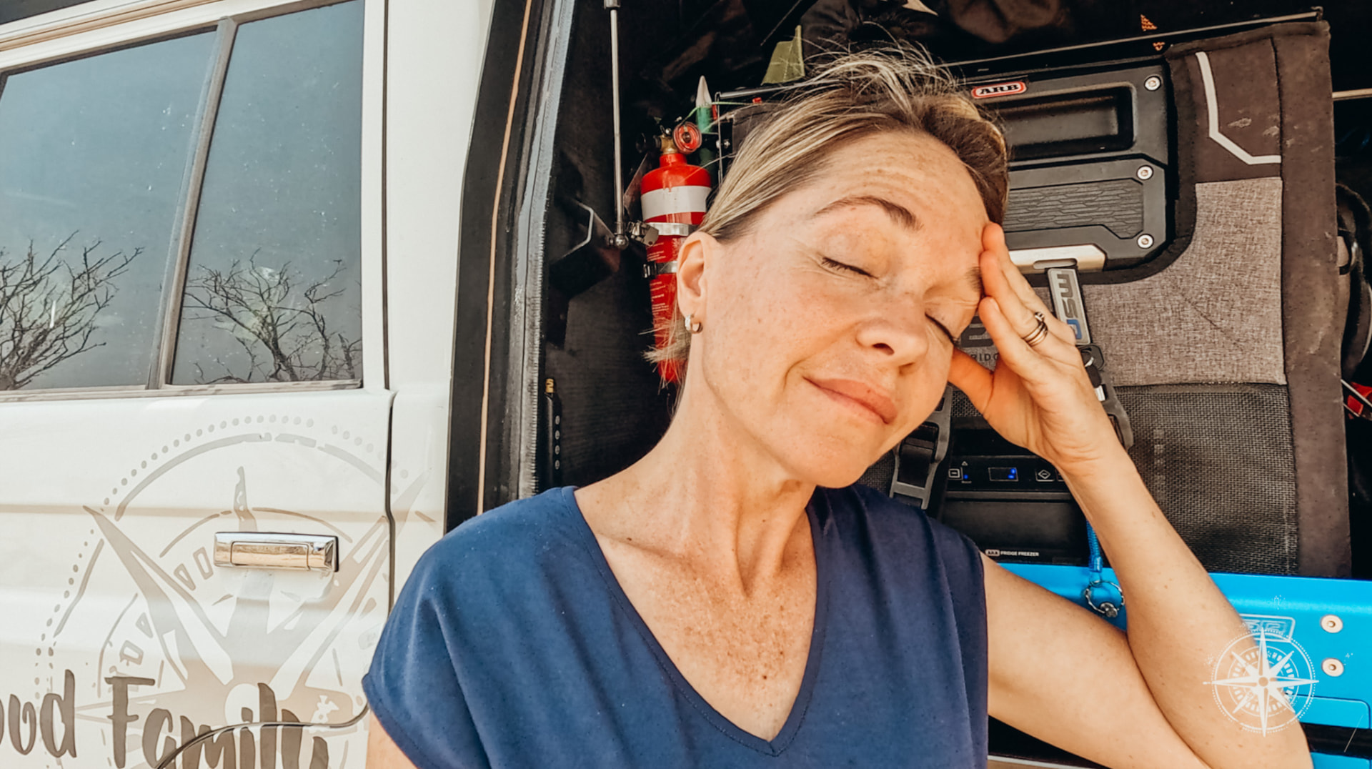 Katie beside the family caravan after being locked out