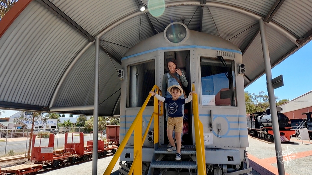 Mother and son, railway engine, silver city comet, railway museum